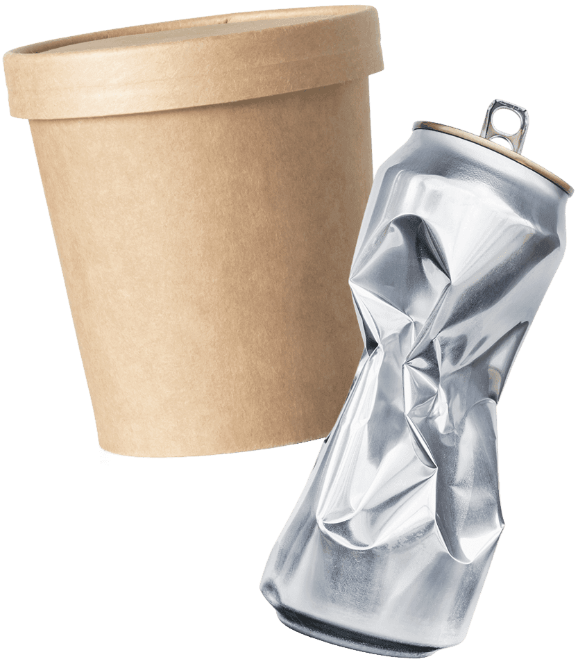 Crushed aluminum can and paper container illustrate the higher carbon footprints and energy use of plastic alternatives.